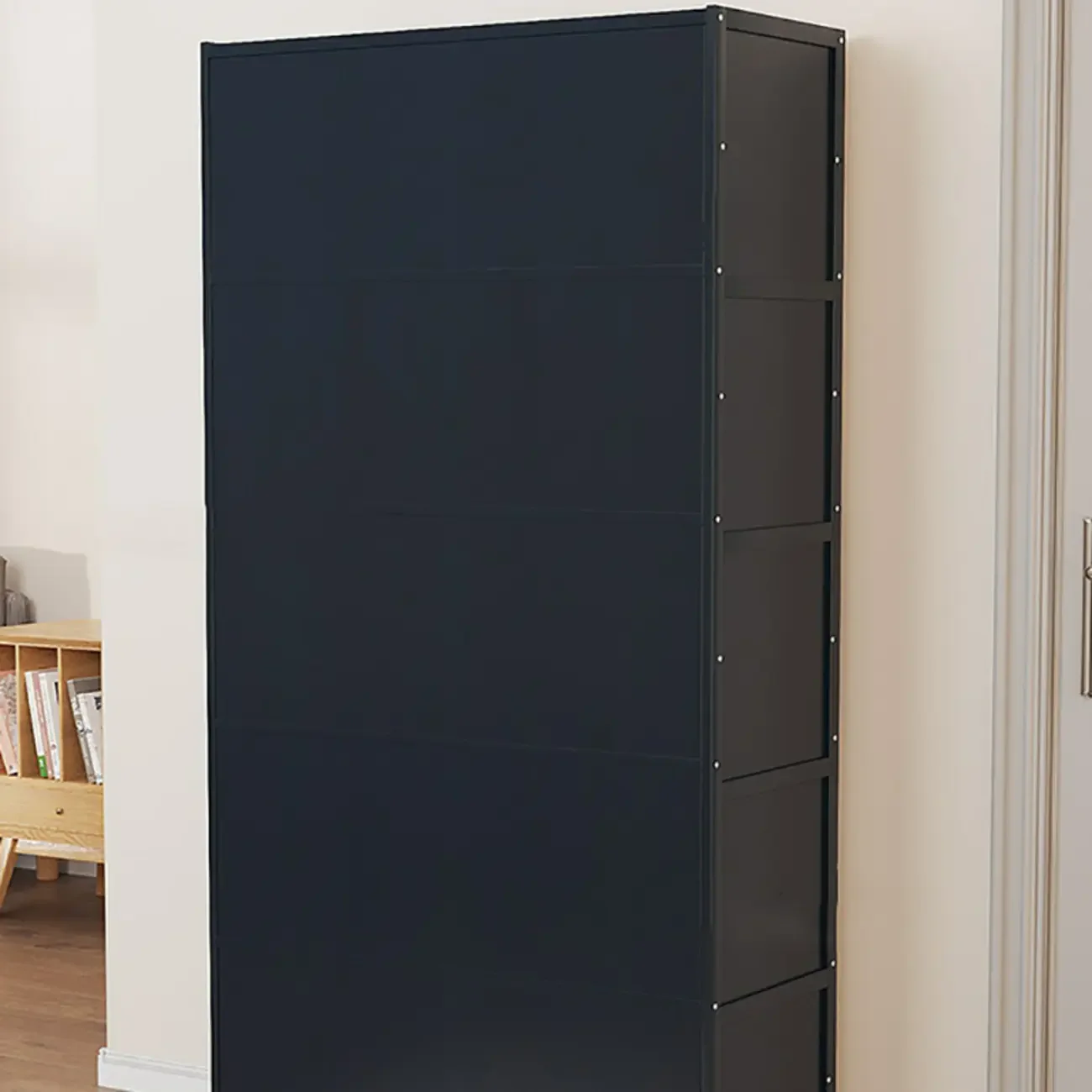 Modern Black Bamboo Shoe Cabinet with Rattan Panels