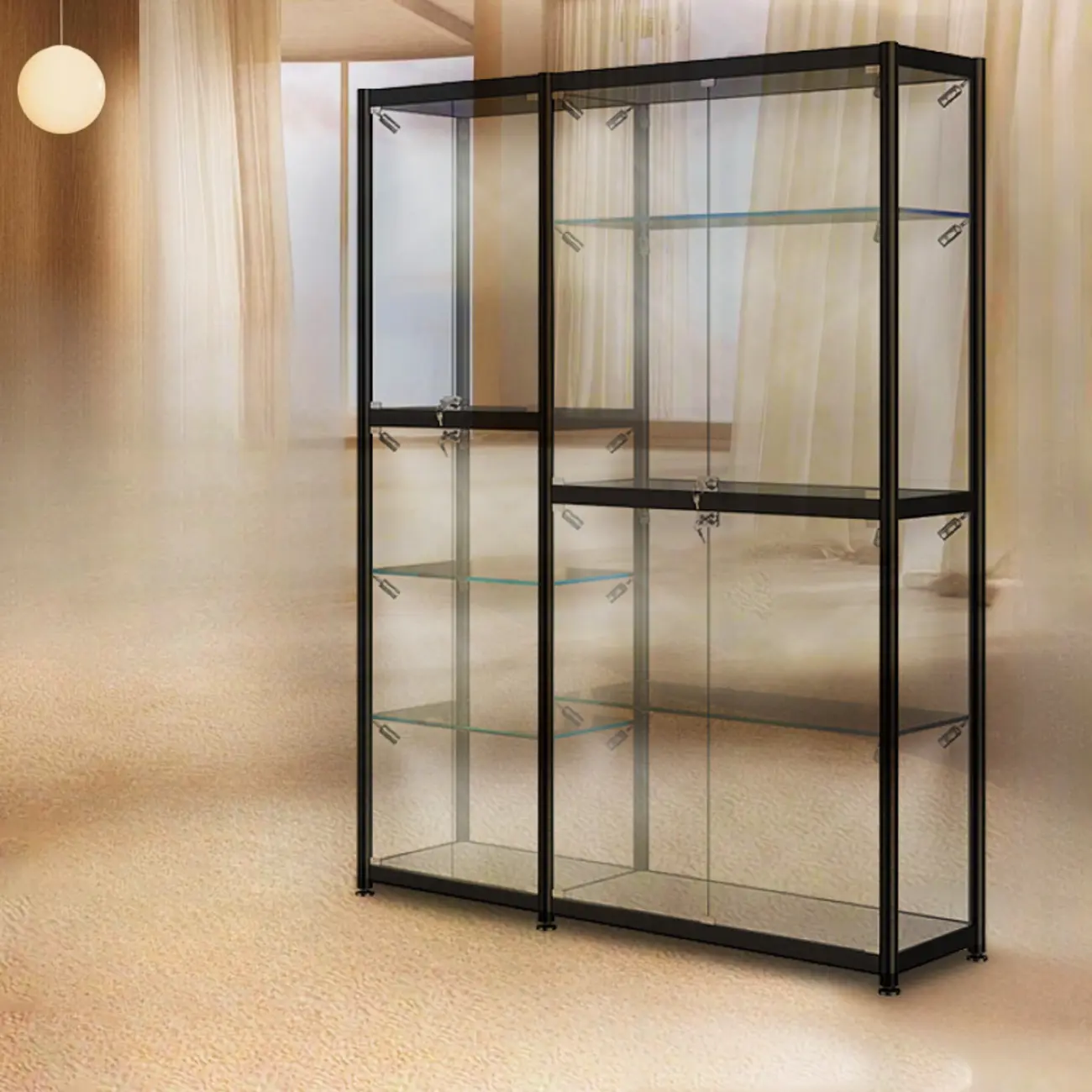 Modern Black Clear Glass LED Adjustable Display Cabinet