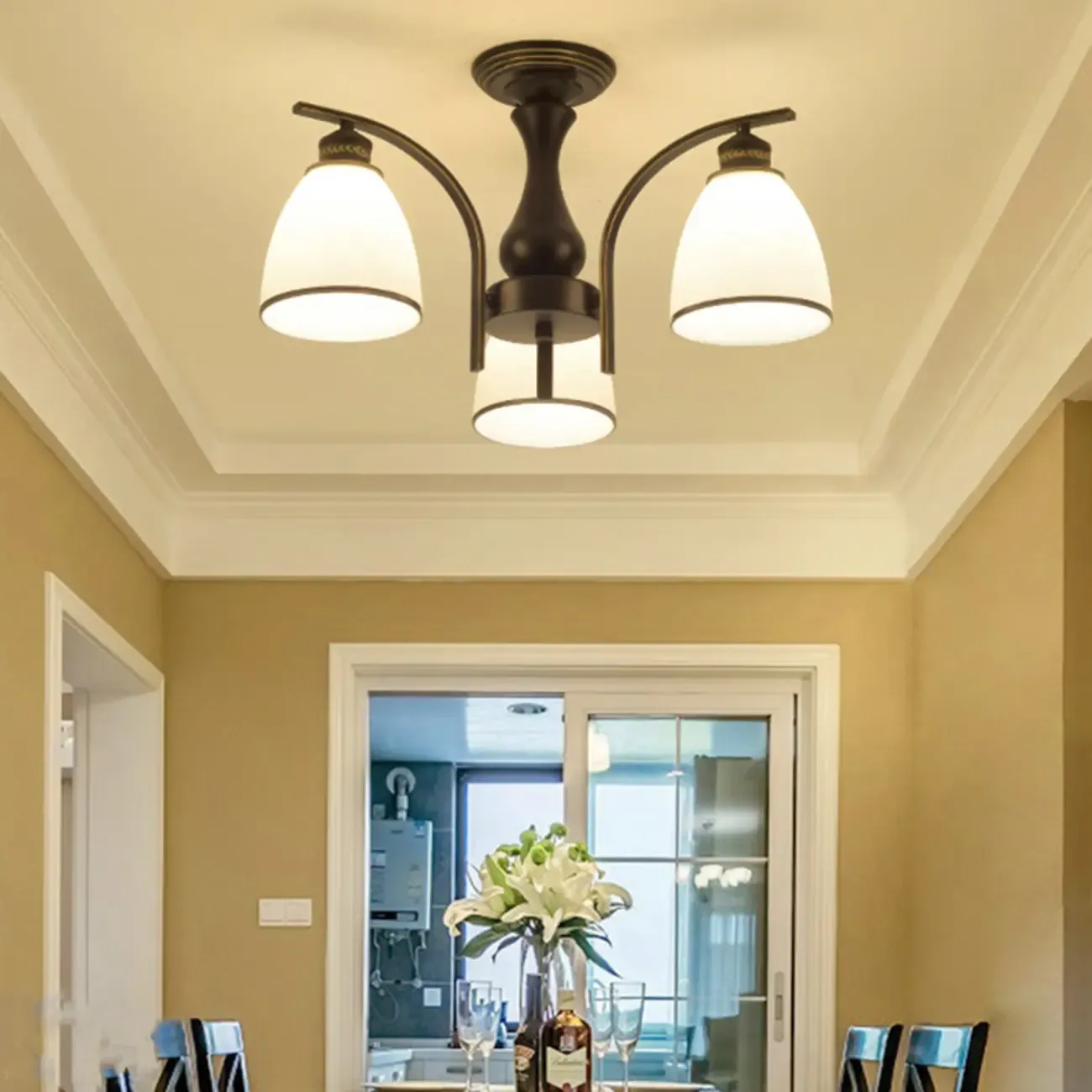 Traditional Black Cylinder Glass Semi-Flush Mount Ceiling Light