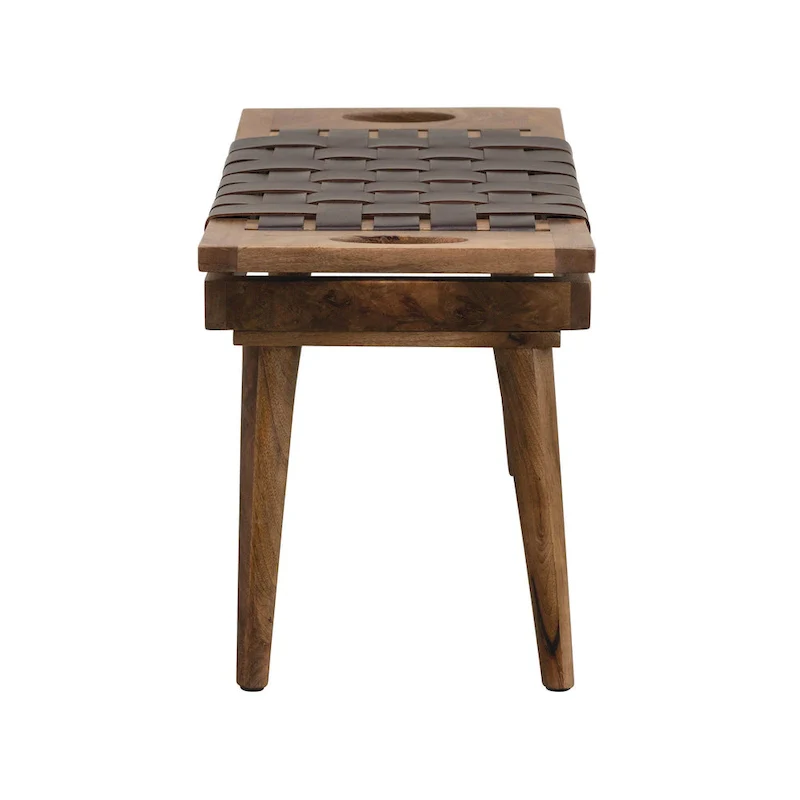 Mango Wood Stool with Woven Leather Top