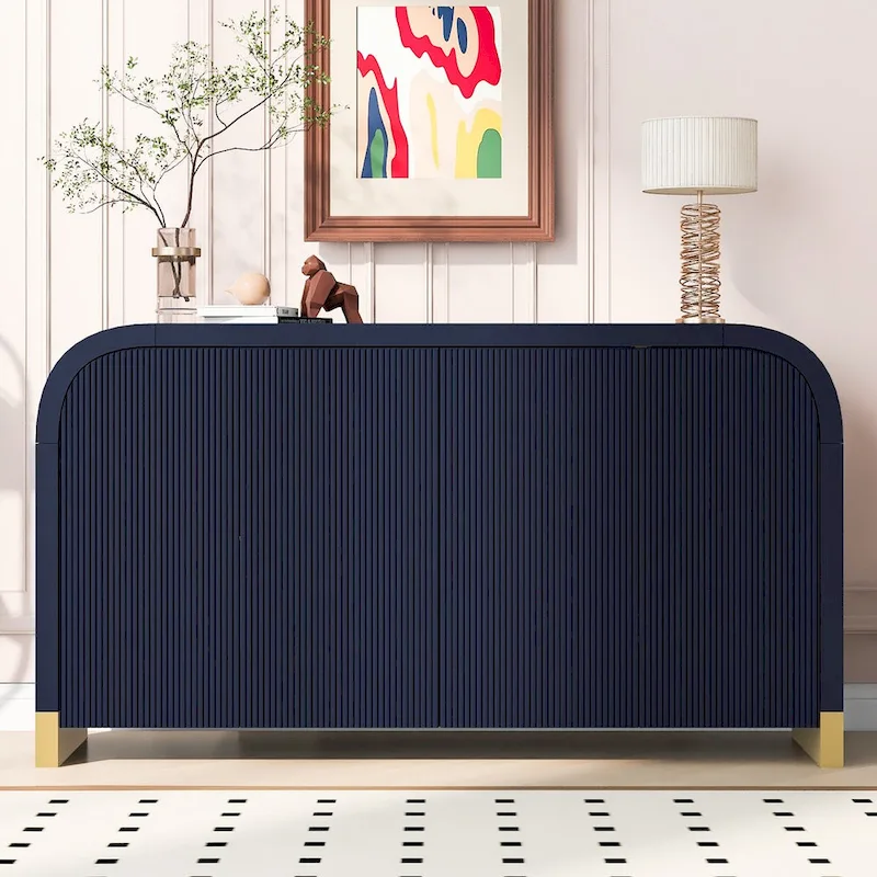 4-Door Wavy Panel Sideboard Cabinet – Navy Blue / White / Black, Adjustable Shelves, 1-Person Assembly