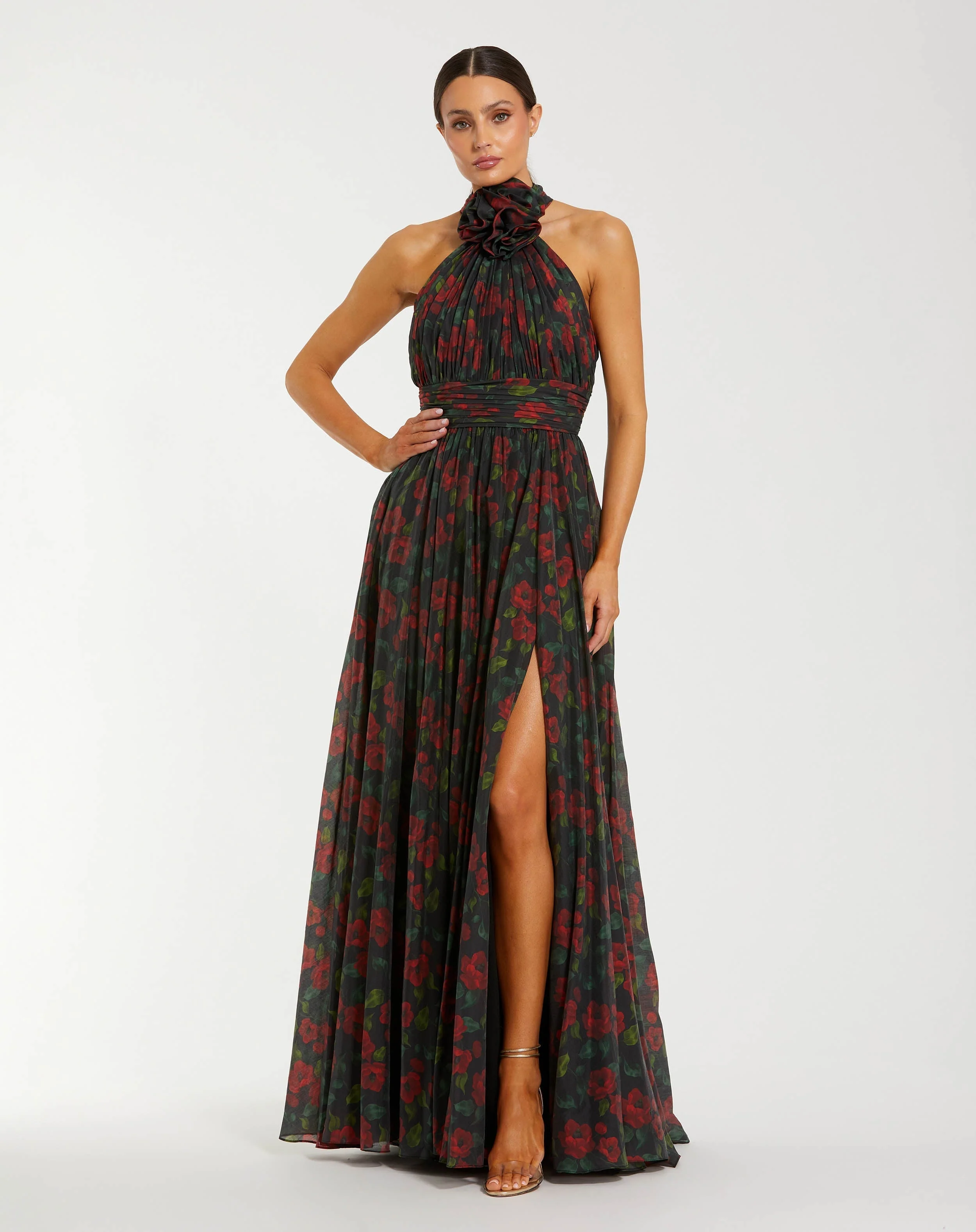 Black Floral Print Halter Neck Gown with Rosette Detail
