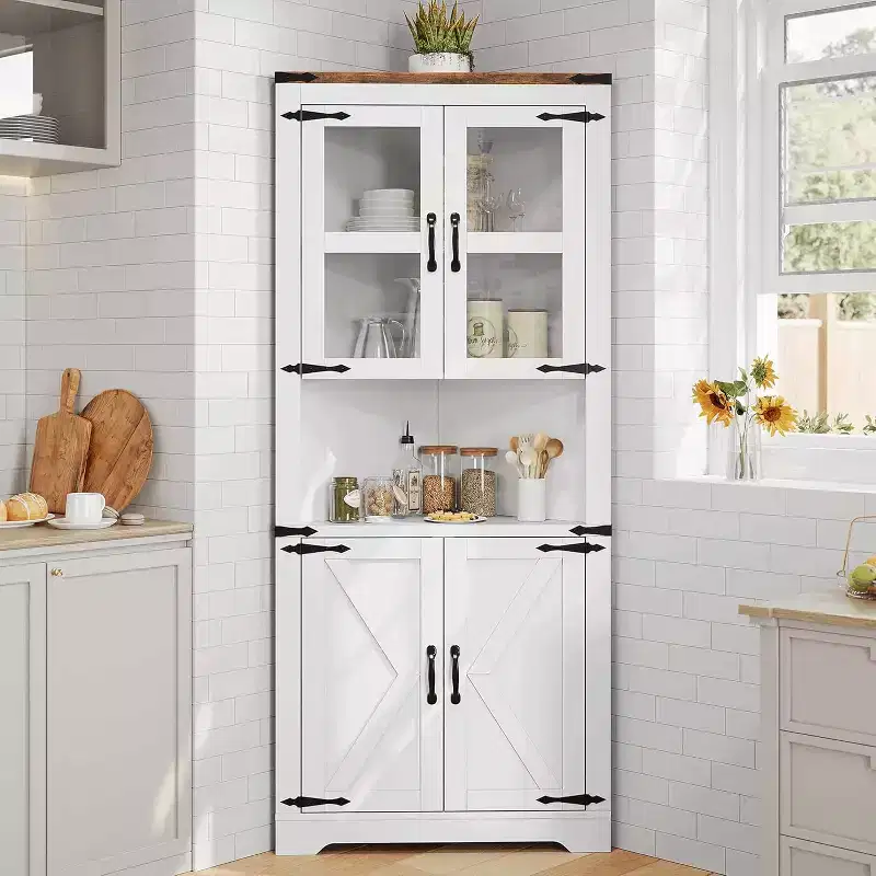 Tall Corner Cabinet, Farmhouse Style Storage with Glass Door & Adjustable Shelves for Kitchen & Bathroom