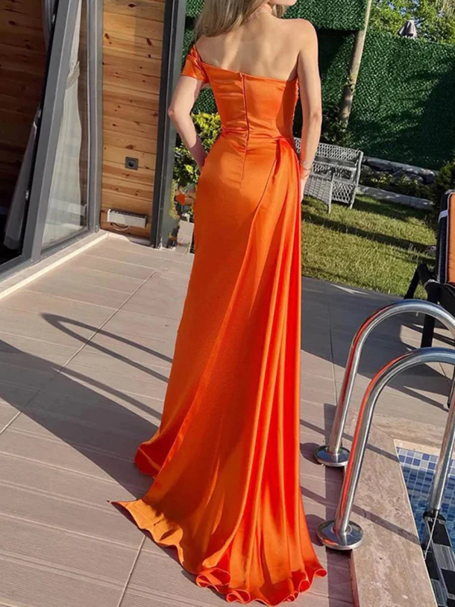Orange Mermaid Pleated Satin Empire-Waist Long Prom Dress