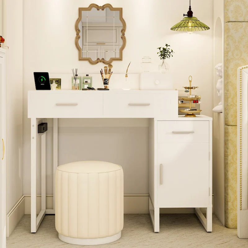Reversible Makeup Vanity Desk With Charging Station and 4 Wooden Drawers and 1 Cabinet - N/A