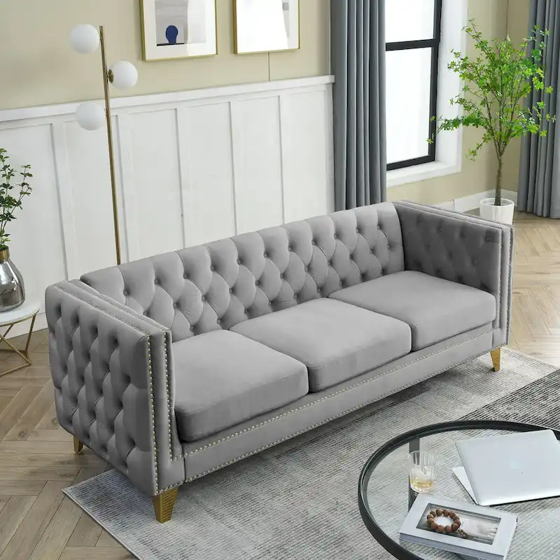 Velvet Upholstered 3 Seat Sofa, Classic Chesterfield Couch Buttons Tufted Square Arm Sofa with Nailheads and Metal Legs