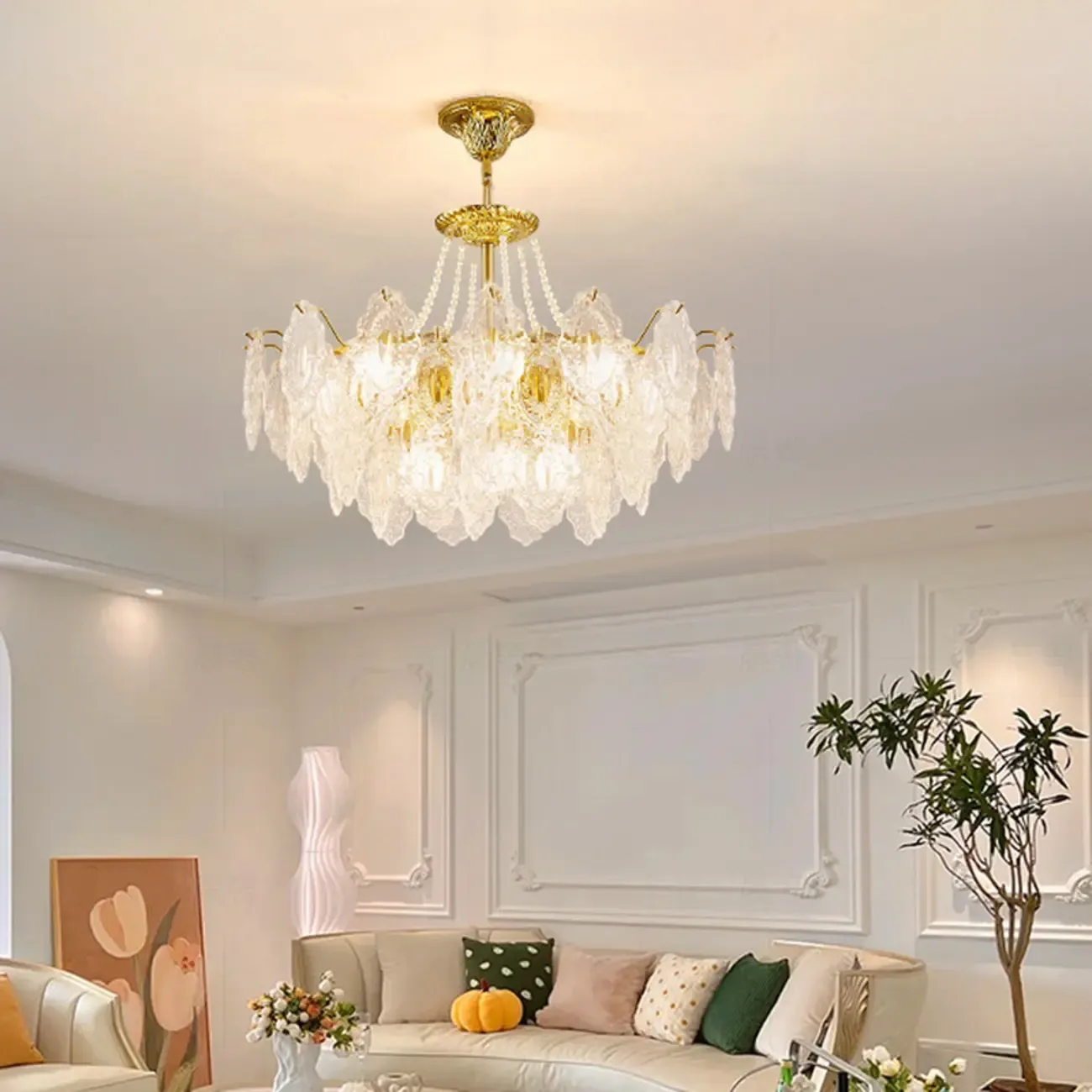 Luxurious Gold Crystal Leaf Round Pendant Chandelier