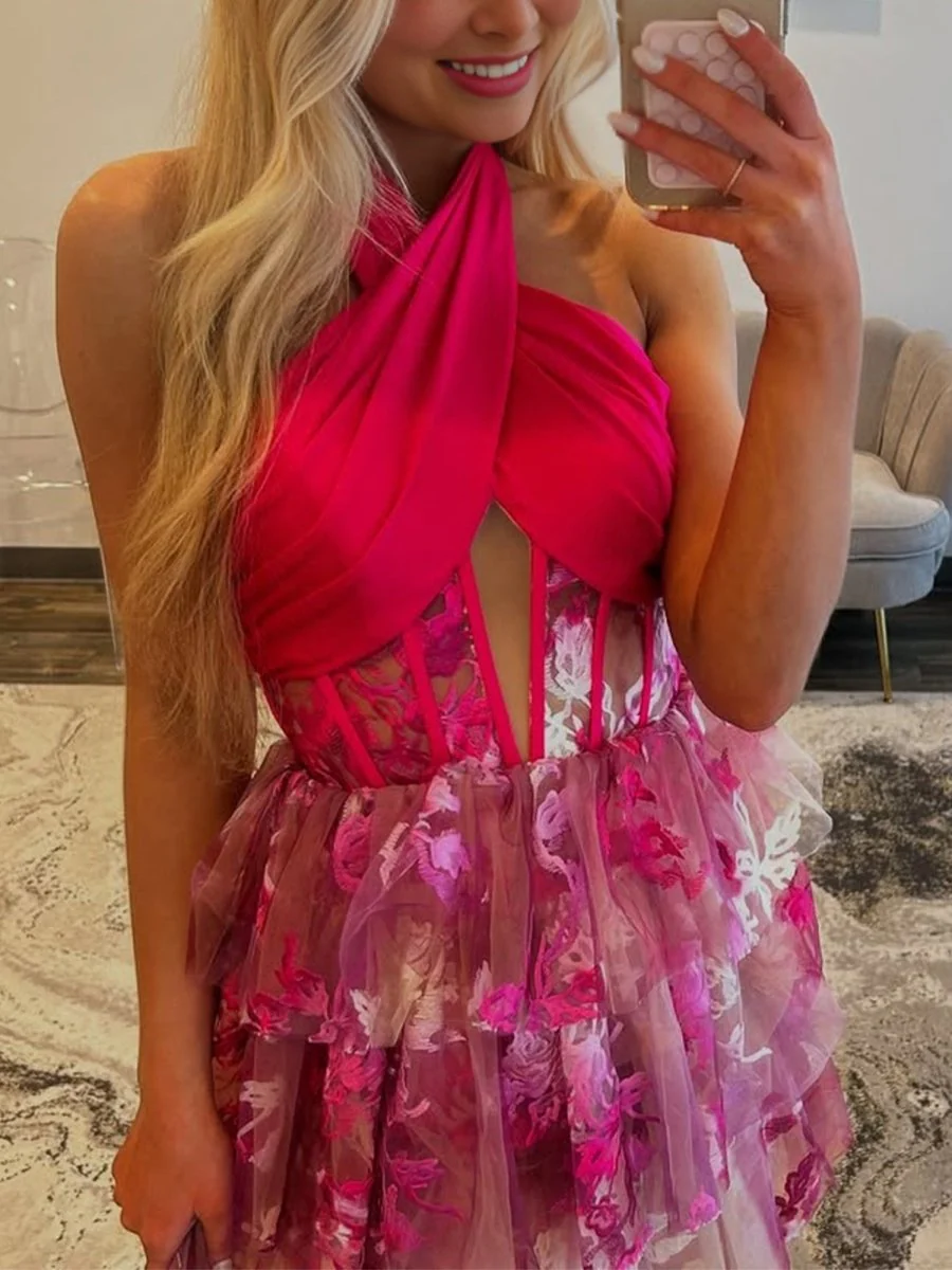 Fuchsia - Halter A Line Tulle Cut Out Homecoming Dress With Appliques