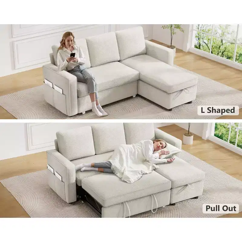 Dyonery 81 Sleeper Sofa Bed, 2 in 1 Pull Out Couch with More Storage Space, Sectional L-Shaped Couch Sofa Sleeper with Side Pockets