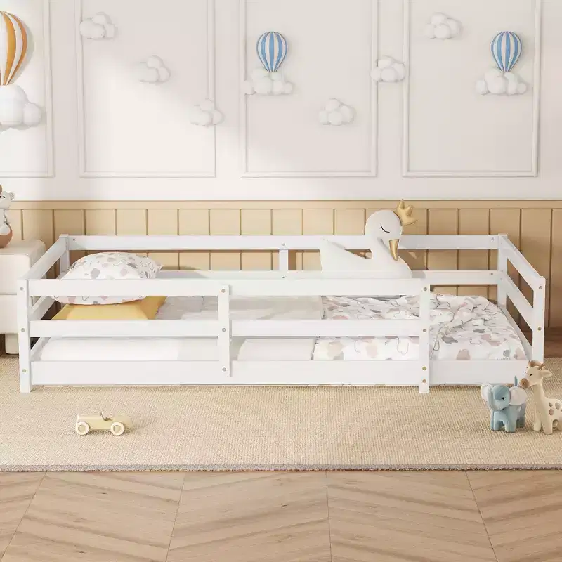 Bellemave Twin Size Floor Bed, Montessori Floor Bed with Fence, Kids Montessori Bed Twin Size, Wood Montessori Floor Bed for Kids, Girls, Boys