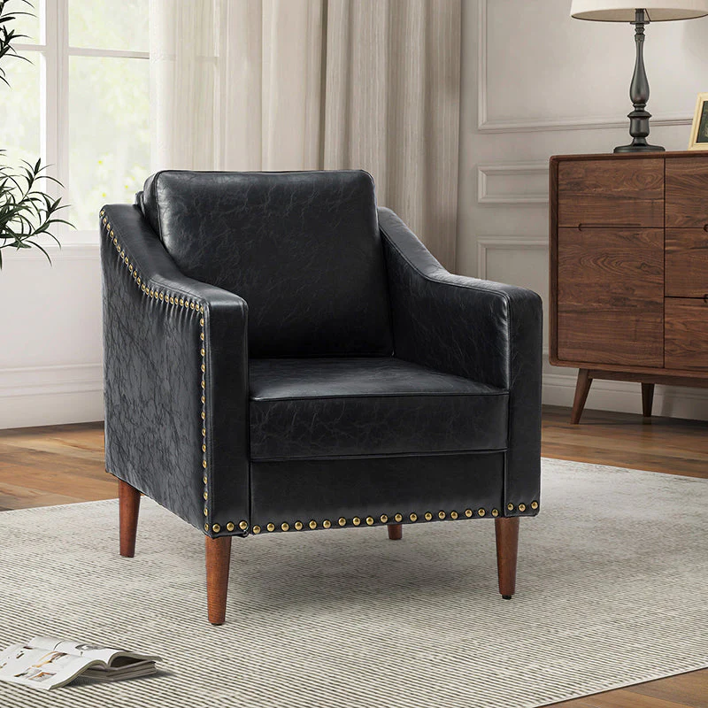 PU Leather Armchair with Nailhead Trim, Sloped Arms, Removable Cushions & Solid Wood Legs | Camel / Black / Beige / Brown / Navy | Single Seat