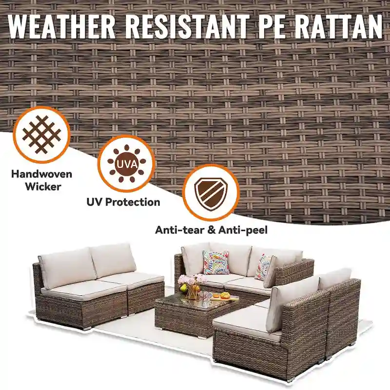 7-Piece Wicker Patio Conversation Set with Cushions and Glass Table