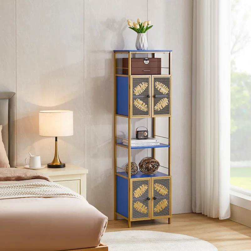 Black & Blue Painted Metal Tall Freestanding Storage Cabinet with 2 Doors & Open Compartments