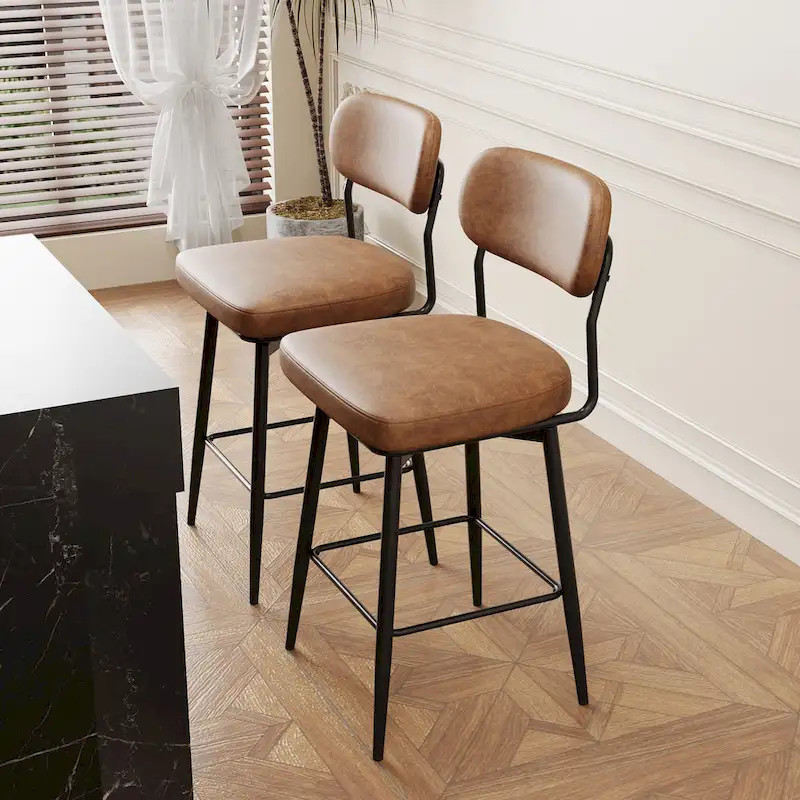 360 Swivel Leather Upholstered Counter Height Bar Stool with Iron Base