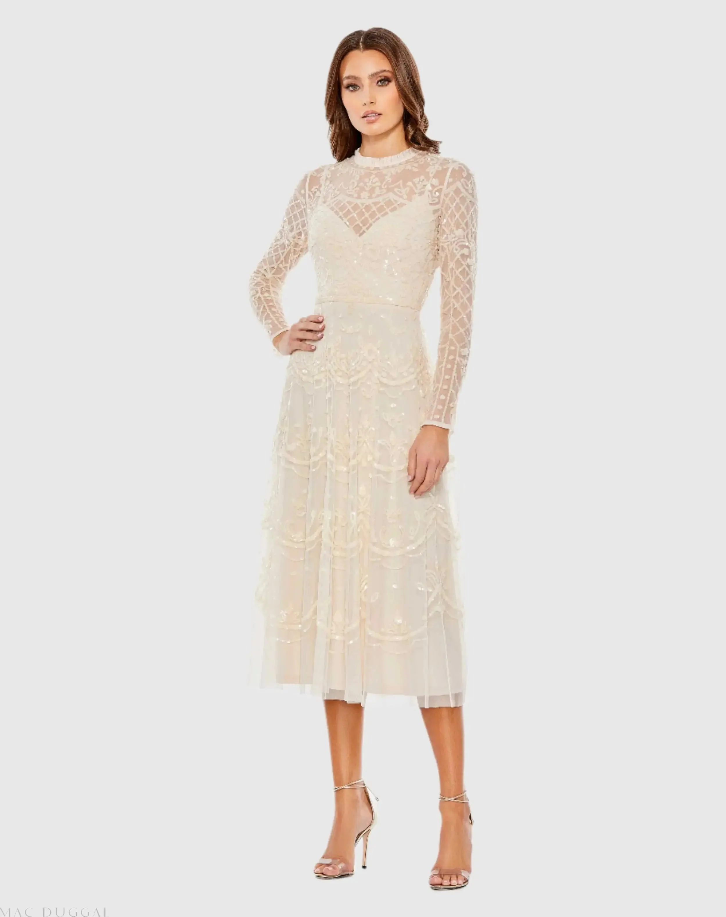 Nude Sequined Illusion High Neck Long Sleeve Midi Dress