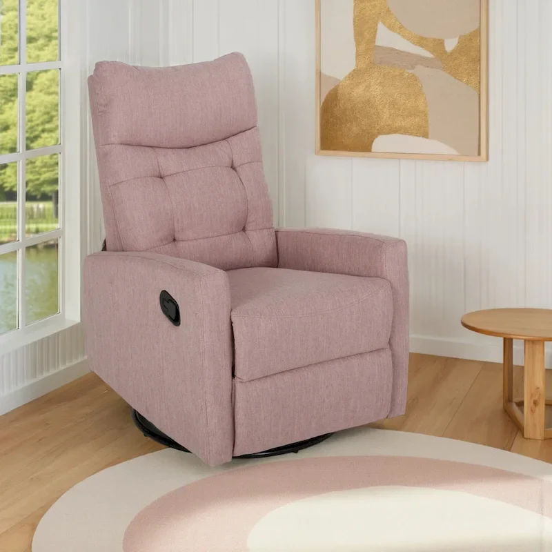Push Back Glider Recliner Chair with Swivel, Blush Pink Tufted Fabric