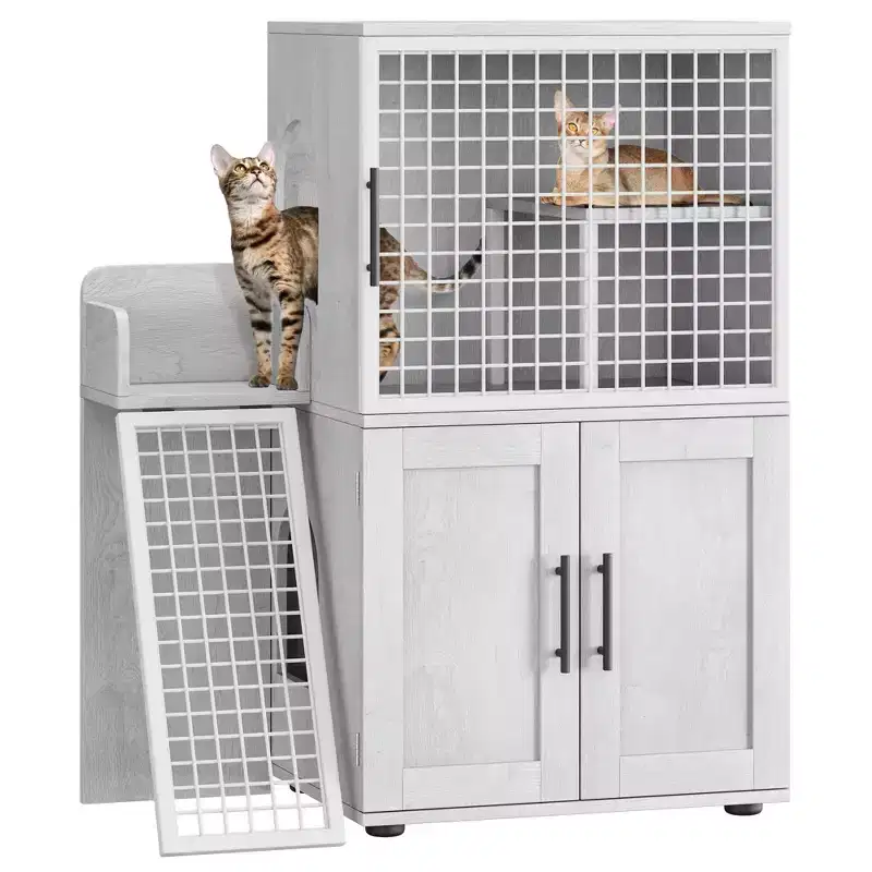 Cat Litter Box Furniture, Hidden Litter Box Enclosure 41.9'' - Double Layer Modern Cat House with Platform Ladder Indoor Washroom Villa Cabinet