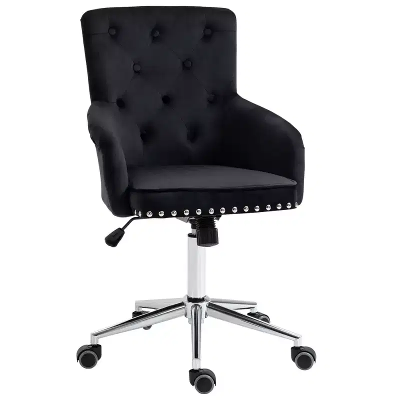 Modern Mid-back Desk Chair with Button Tufted Velvet Back, Nailhead Trim, Swivel Home Office Chair with Adjustable Height, Curved Padded Armrests