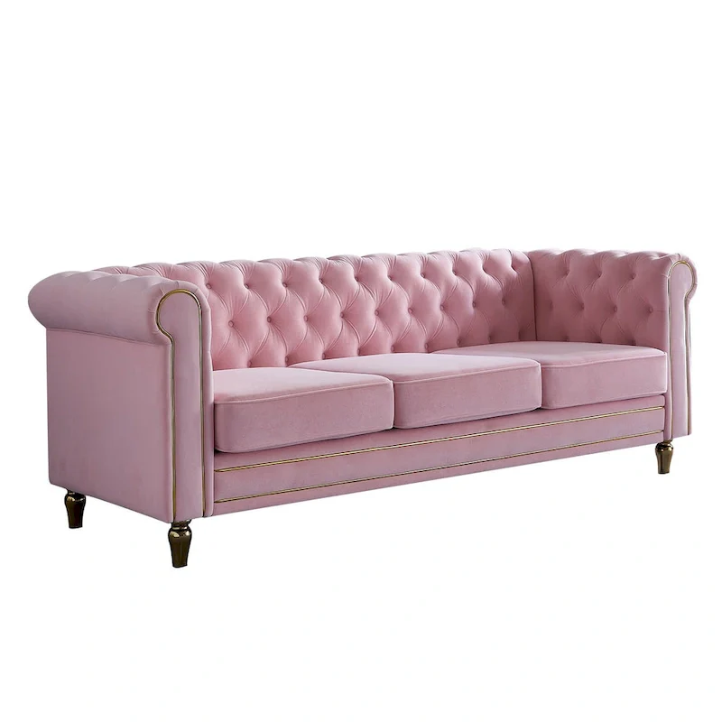 Green / Pink Velvet Chesterfield Sofa with Gold Trim & Button Tufting – 2-Seat