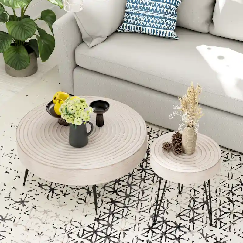 Rustic Cylindrical Wood Veneer Coffee Table – Natural / White / Light Red & Natural