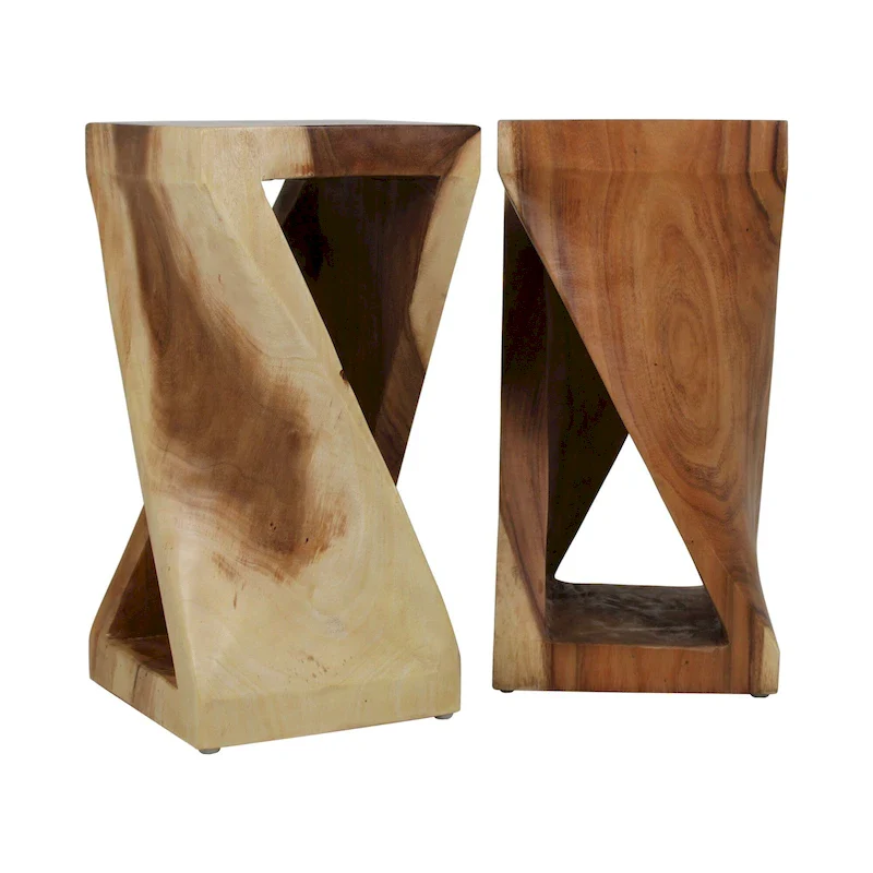 Wood Sculpted End Table, Natural/White Wash, Rustic, Single
