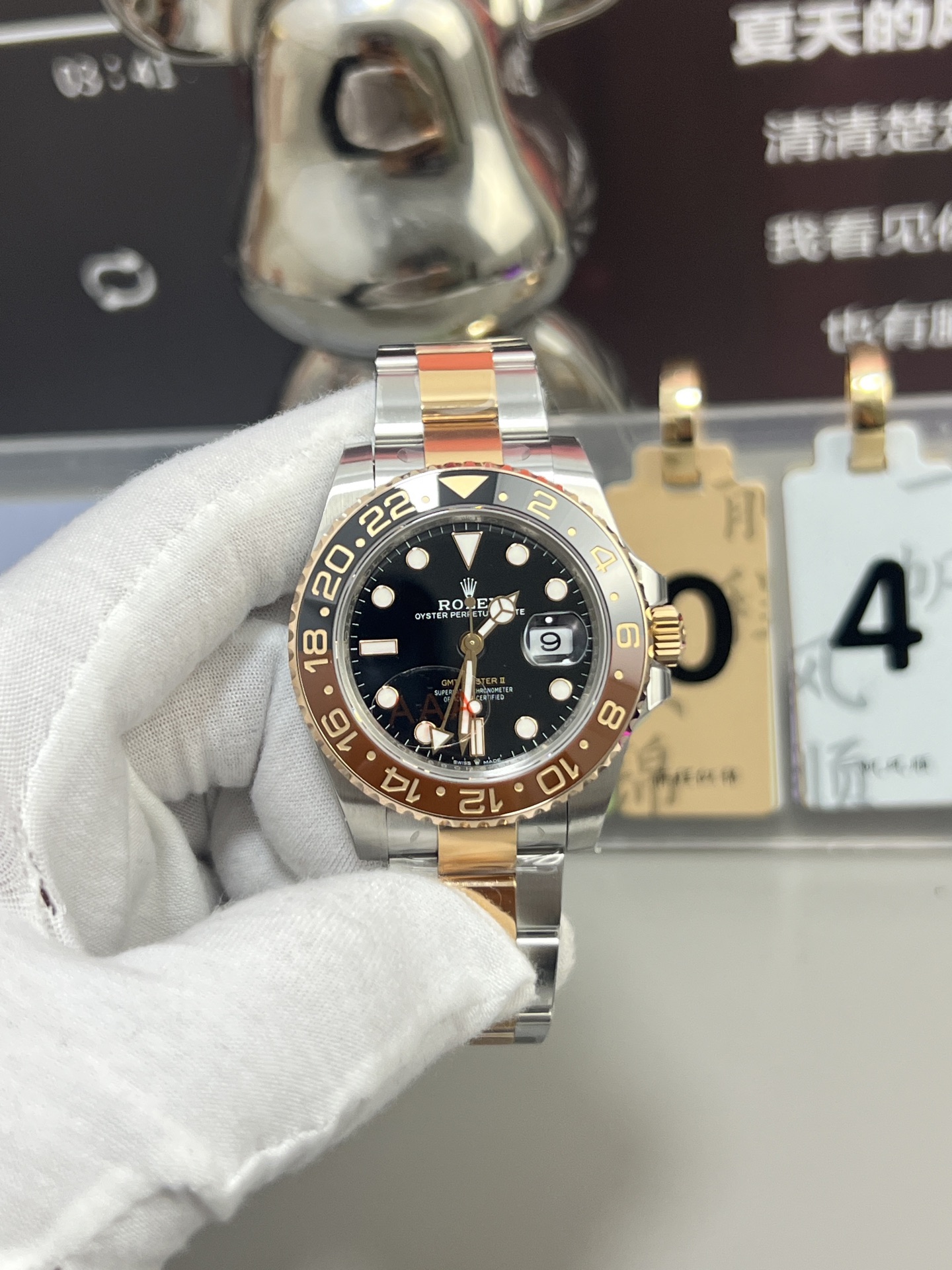 Rolex GMT Master II replica 3285 two tone full front view black dial brown bezel