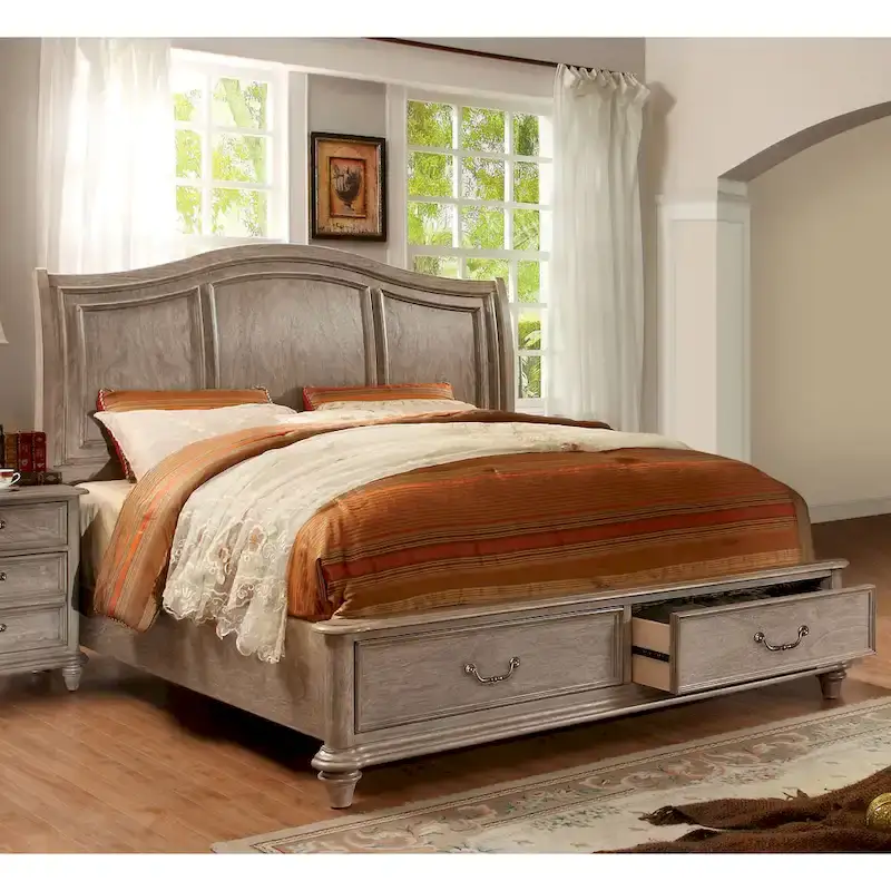 Rustic Grey Solid Wood 2-Drawer Storage Platform Bed – Queen/King/Cal King