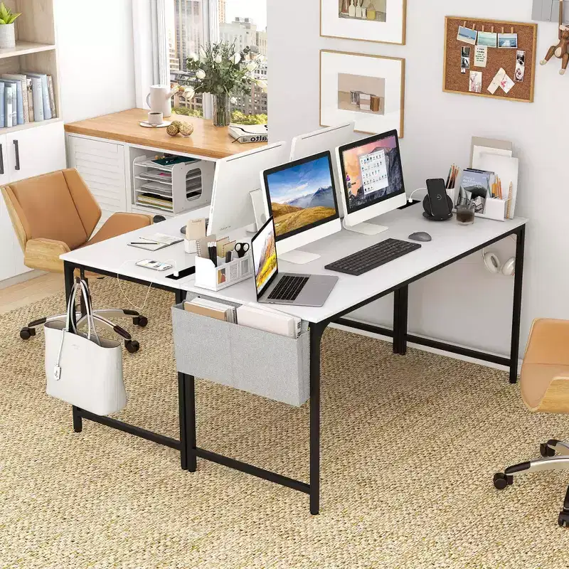 Costway Set of 2/4/6 Meeting Room Desk with Charging Station & Headphone Hook Metal Frame White