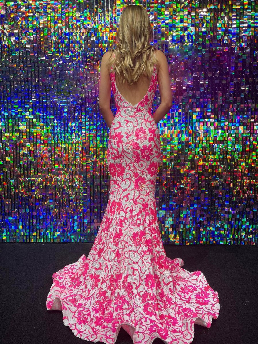 Pink V Neck Sequin Lace Mermaid Prom Dress