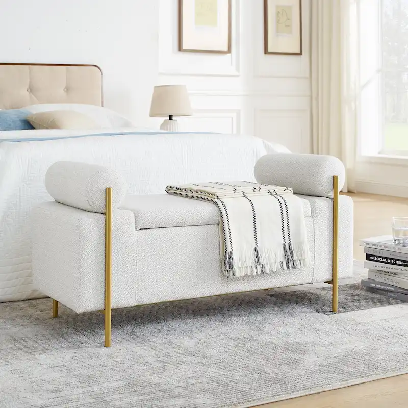 White/Beige Upholstered Linen Storage Bench, Cylindrical Arms, Gold Metal Legs, 1-2 Person