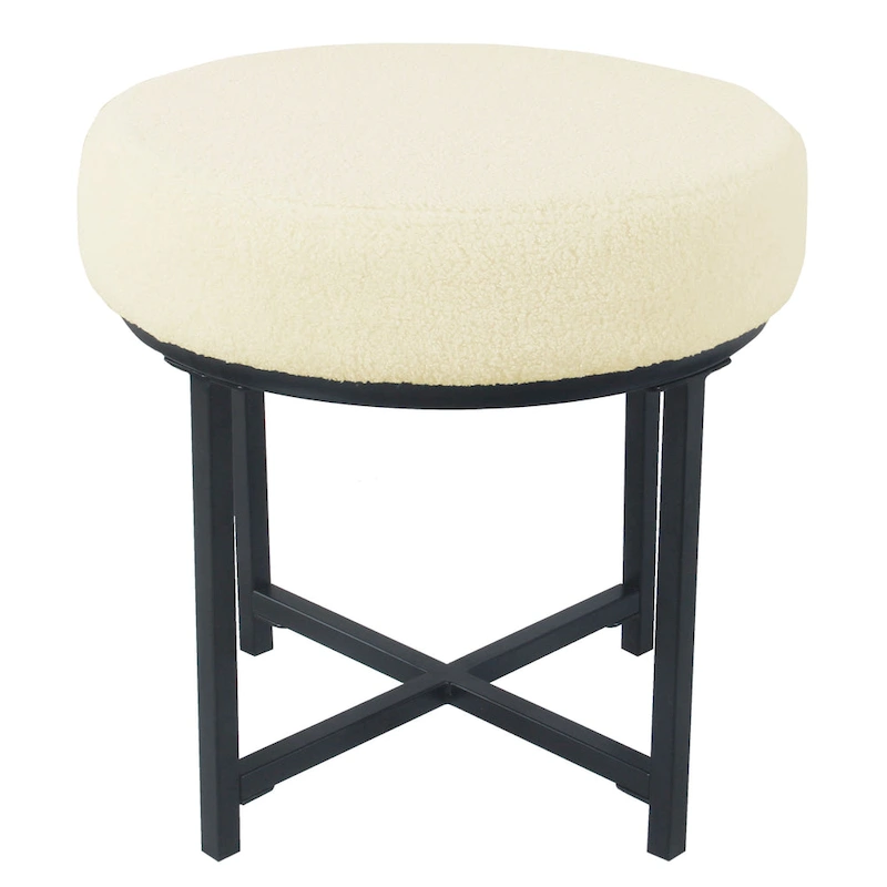 Round Upholstered top Ottoman on metal frame - Cream Faux Sheepskin