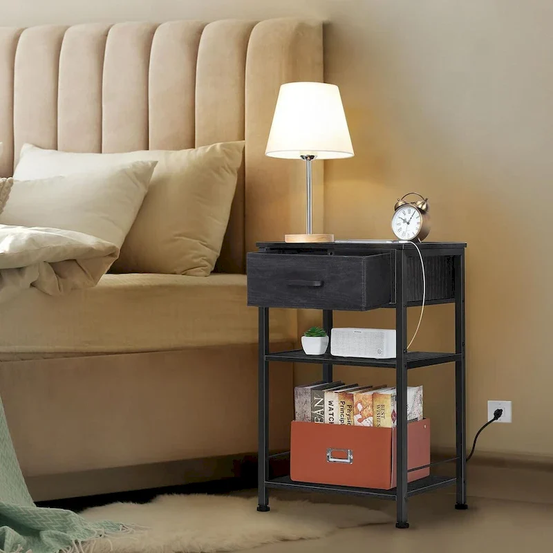 3-Tier Nightstand with Charging Station – White / Black / Oak / Brown / Grey, Single