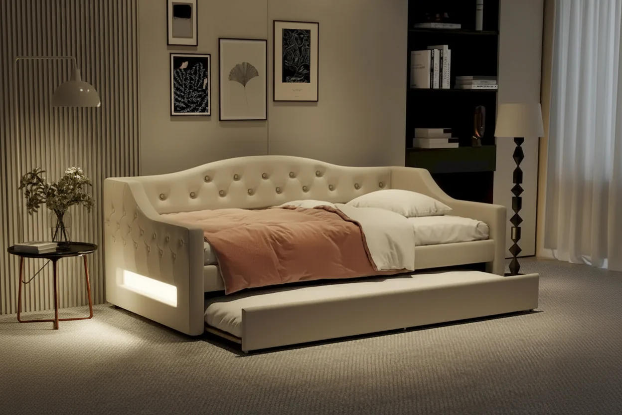 Twin XL Upholstered Daybed with LED Lighting and Trundle