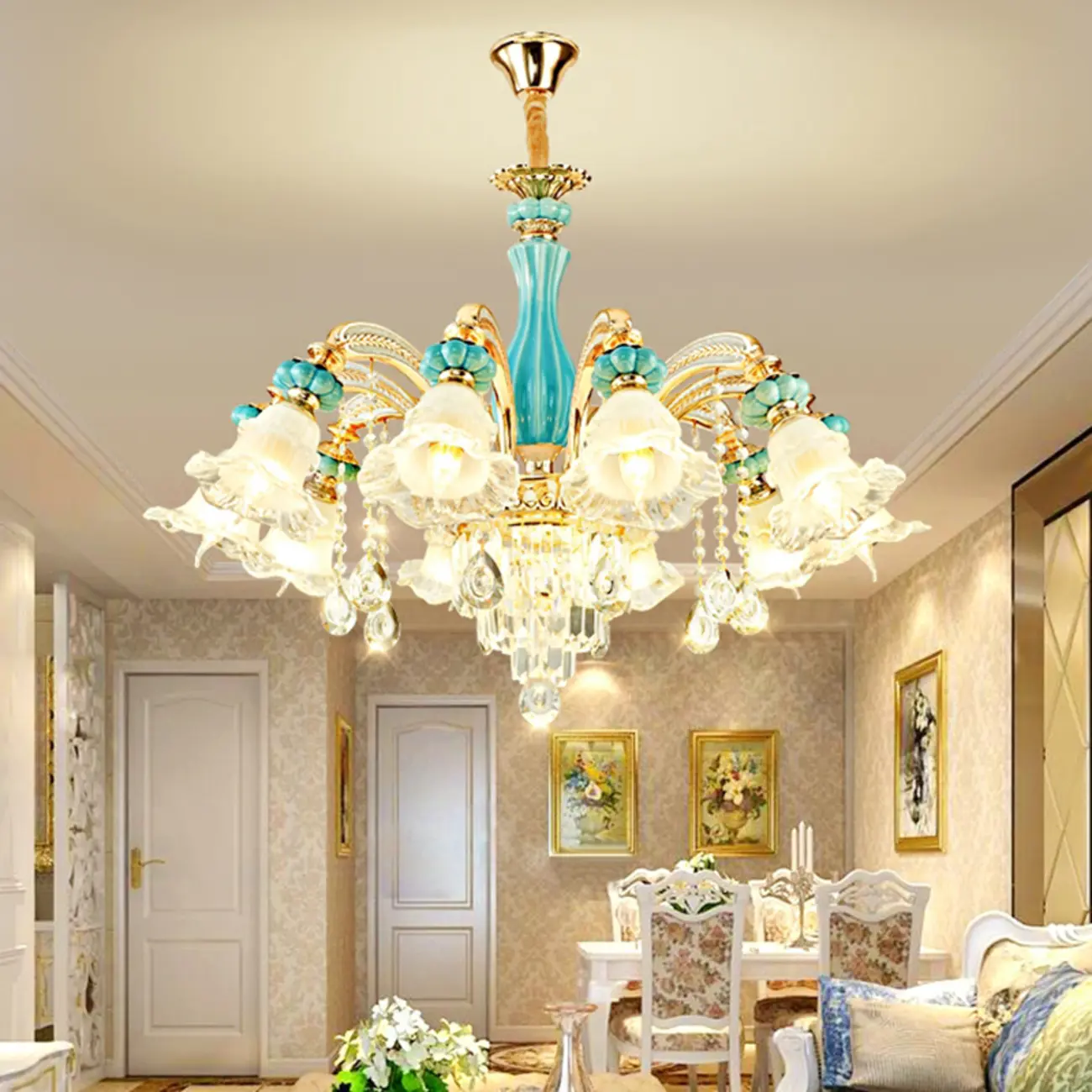 Living Room Down Light Crystal Chandelier with Flower Glass Shape