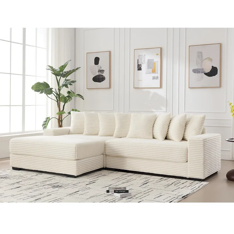 Corduroy L-Shaped Sectional Sofa with Left Chaise, 3-Seat – Black / Gray / Beige / Green