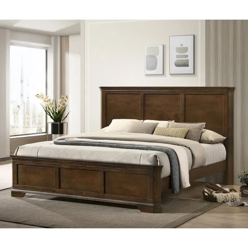 Traditional Wood Panel Bed in Antique Walnut Finish – Queen & King