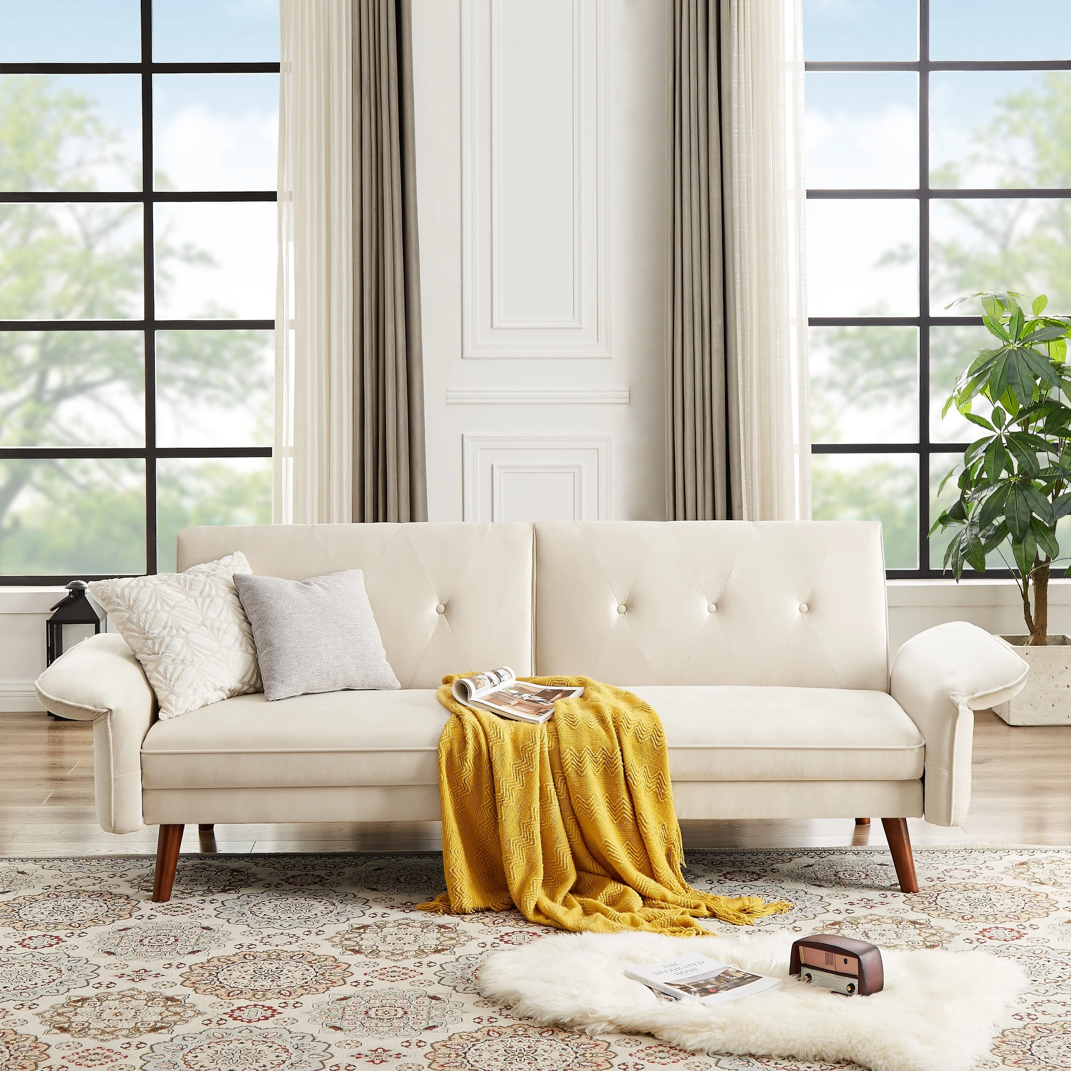 Modern Futon Sofa Bed, Convertible Sleeper Sofa with Tapered Wood Legs, 78.35 W, Small Split Back Sofa for Living Room