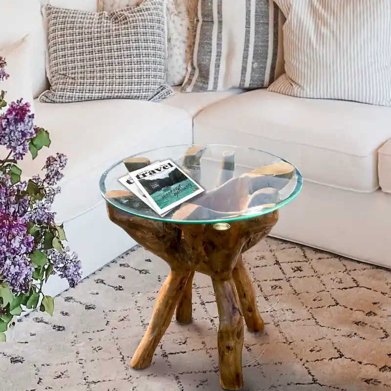 24-Inch Rustic Teak Wood Root Side Table with Round Glass Top, Handmade, Lacquer Finish, One-of-a-Kind