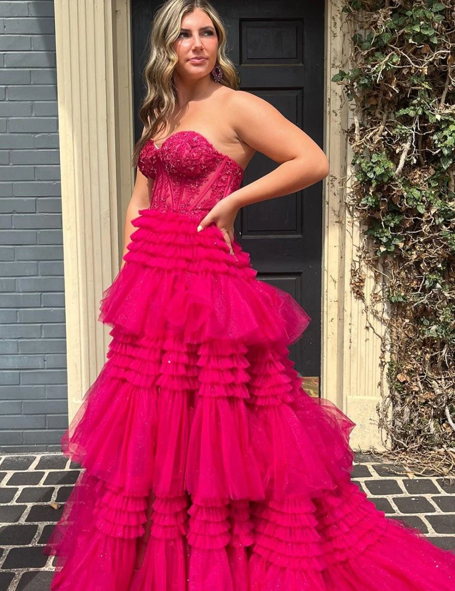 A-Line Sweetheart Tiered Long Tulle Prom Dress