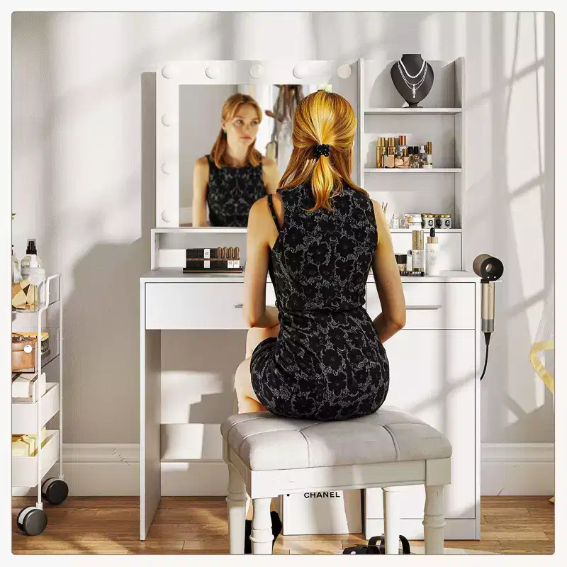 Okak Minimalist White Vanity Table with Big Mirror & LED Lights,Storage Dressing Desk with Drawers & Cabinets,Makeup Table for Bedrooms