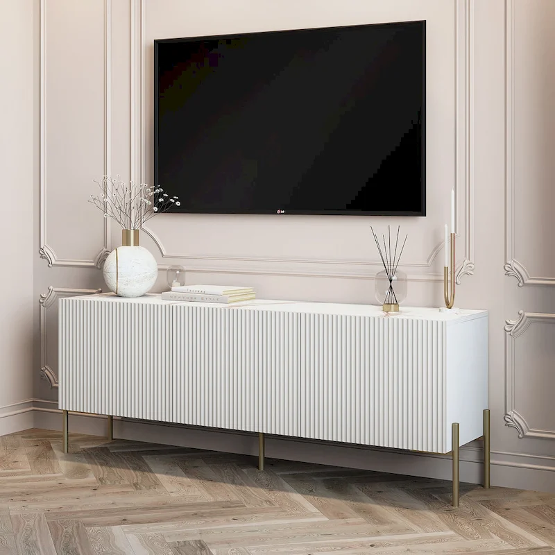 Beige TV Stand Console with Metal Legs – Art Deco Design, Fits TVs up to 65 in.