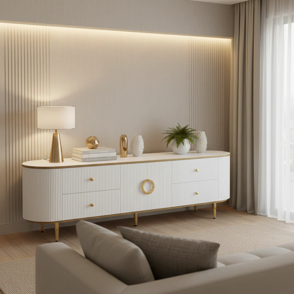 Curved TV Stand with 4 Drawers and Cabinet for 80 Inch TV