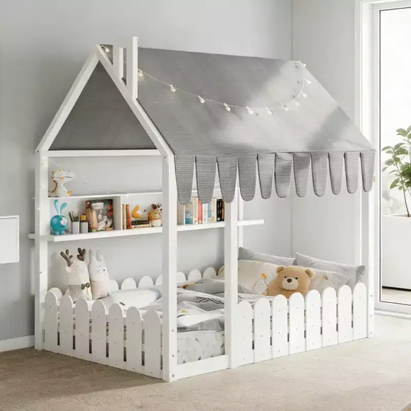 Luxystar Full Size House Shape Floor Bed With Lighted Canopy, Storage Shelves and Fence