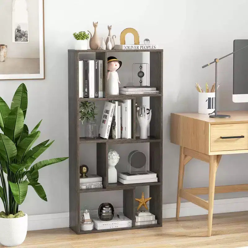 Costway 48 Geometric Bookshelf Open-back Bookcase with 8 Cubes 2 Anti-Toppling Devices White/Natural/Grey