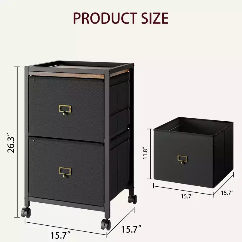 Mobile Filing Cabinet Fits Letter Size or A4, Fabric Vertical File Cabinet on Wheels, Home Office, Small Under Desk Storage Cabinet, Black