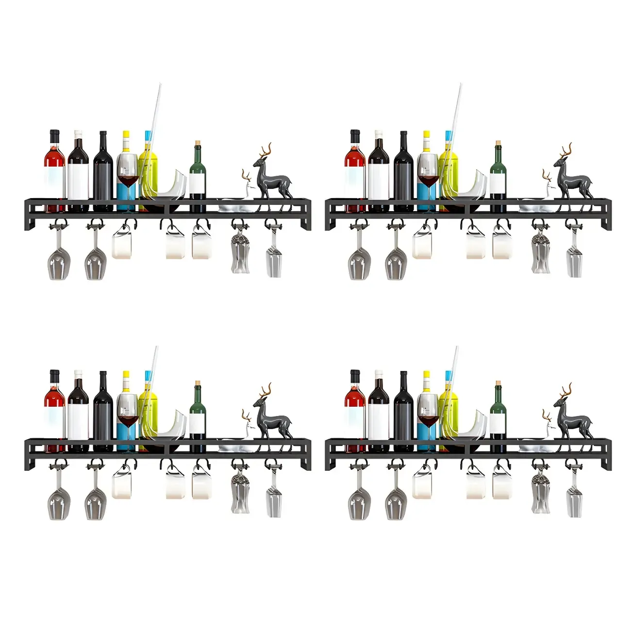 Floating Mount Metal Wine Glasses and Bottle Rack with Hook