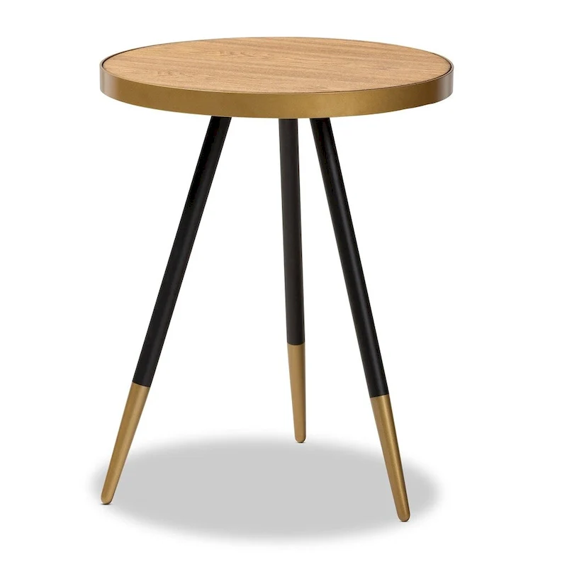 Modern Round End Table – Marble Brown Top, Black & Gold Iron Frame (21.7