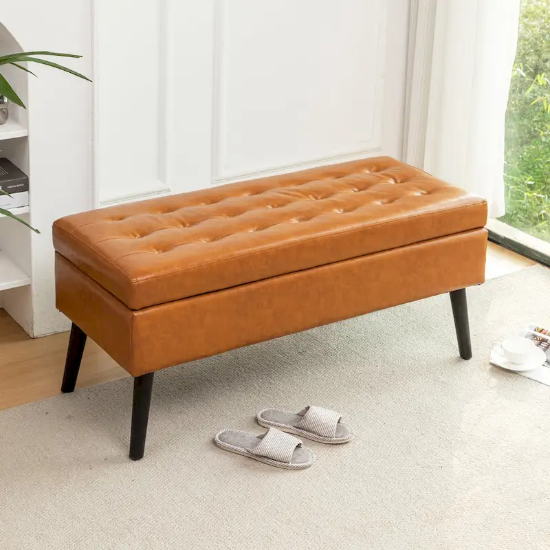 Light Grey / Dark Grey / Brown Tufted Lift-Top Storage Bench, Single Seat