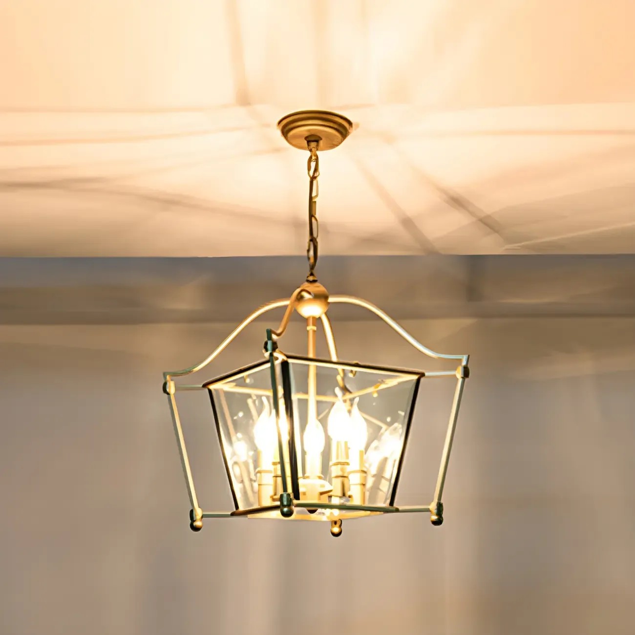 Adjustable Kitchen Gold Square Glass Caged Candle Chandelier