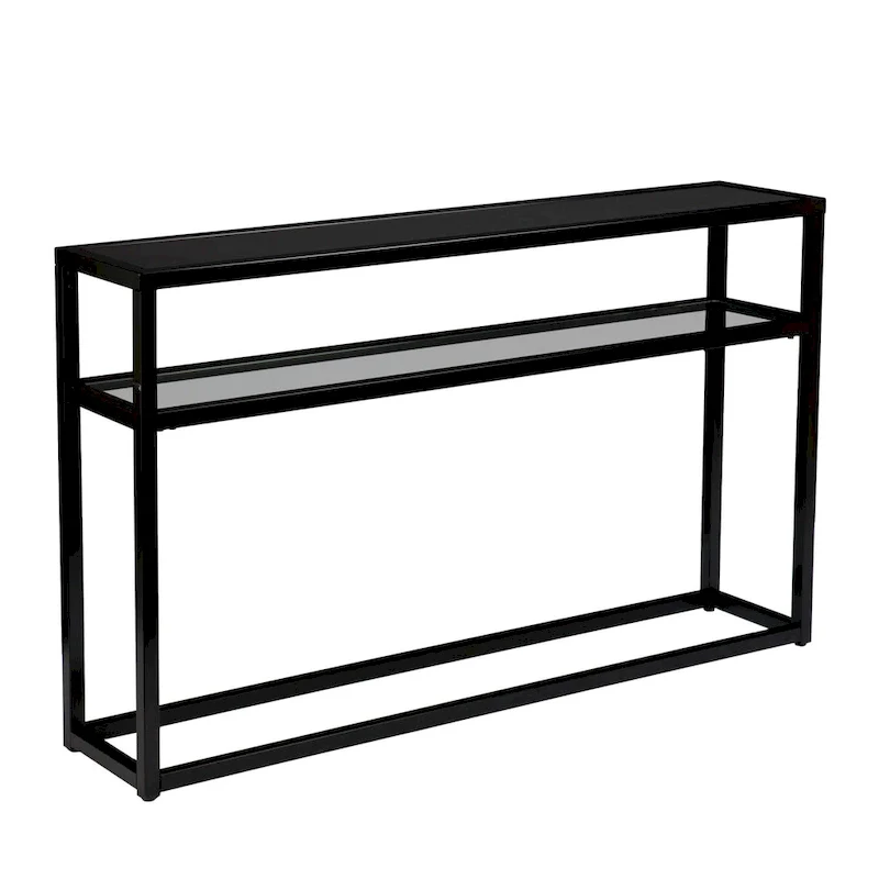 Black Glass Top Metal Frame Console Table with Shelf – 1 Person
